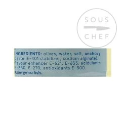 Pujado Solano Manzanilla Olives With Anchovy 1.4kg Ingredients -Sous Chef Boutique DL0022 ManzanillaOlivesWithAnchovy1.5kg 2